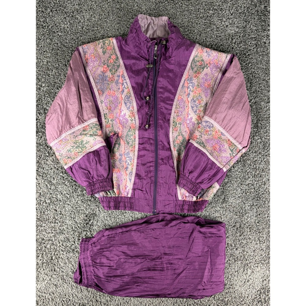 Westport Ltd Vintage 80s Purple Floral Tracksuit Set Jacket M Pants L Paisley